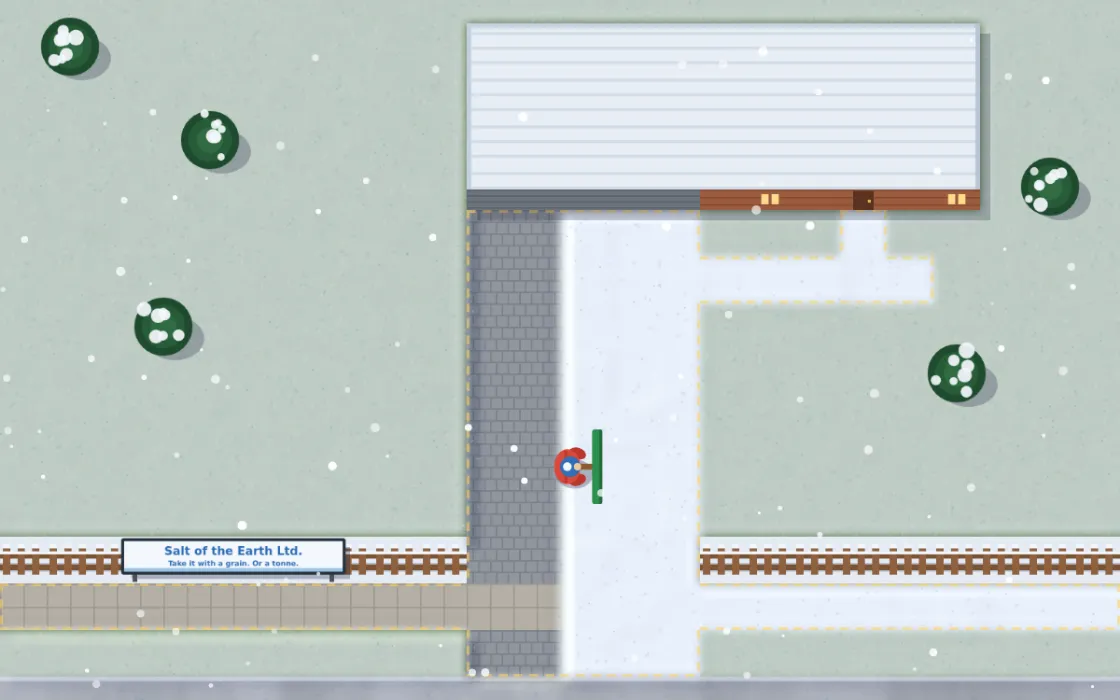 Gameplay: a player clears a snowy driveway next to a house